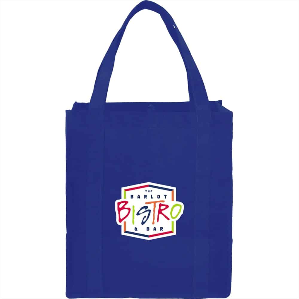 A blue non-woven grocery tote with sturdy handles and a logo on the front.