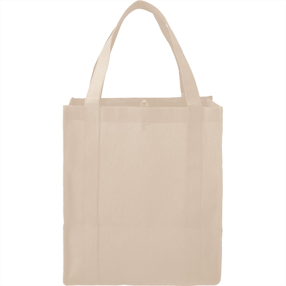 A beige reusable grocery tote bag with two sturdy handles and a simple design. It features a logo.