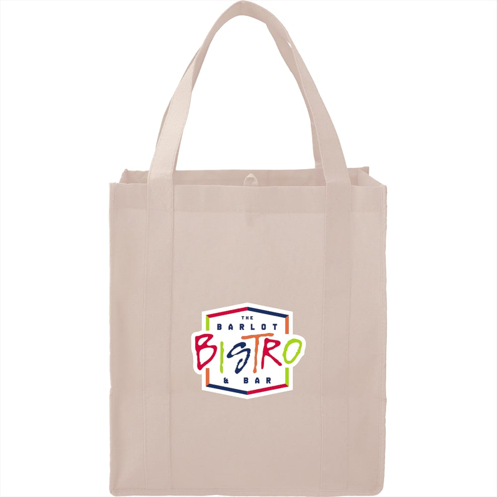 A beige non-woven grocery tote bag with two handles and a logo on the front.