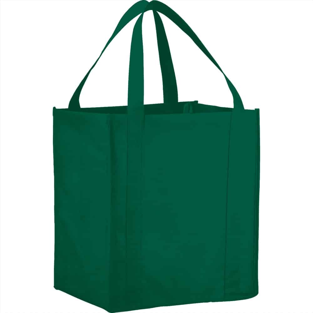 A green non-woven grocery tote bag with sturdy handles and a square base, featuring a logo.
