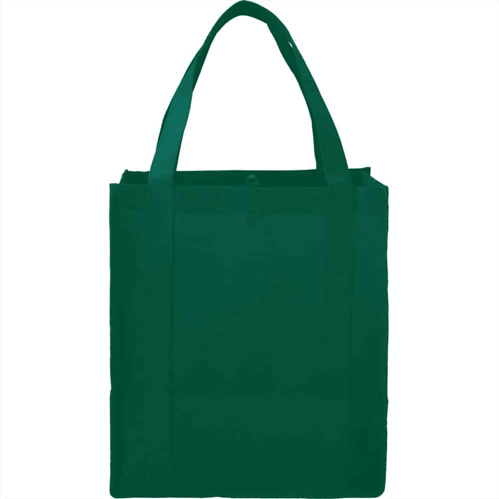 A green non-woven grocery tote bag with sturdy handles and an interior spacious enough for shopping.