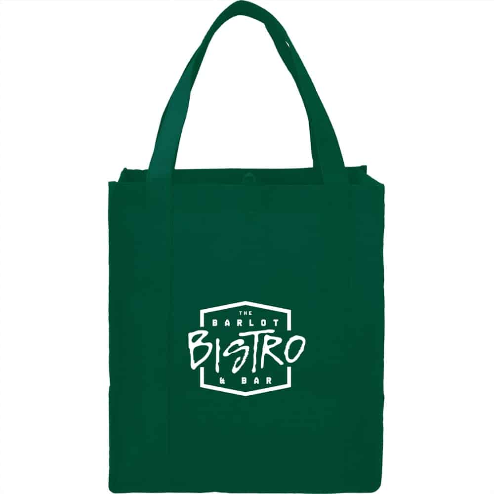 A green non-woven grocery tote bag with shoulder straps and a logo on the front.