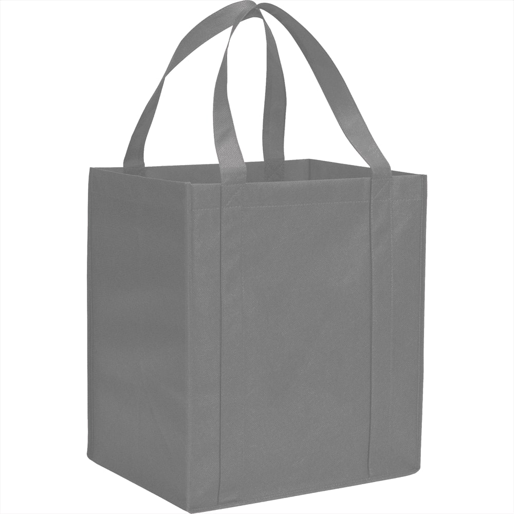 A grey non-woven grocery tote bag with two handles and a square design, featuring a logo.