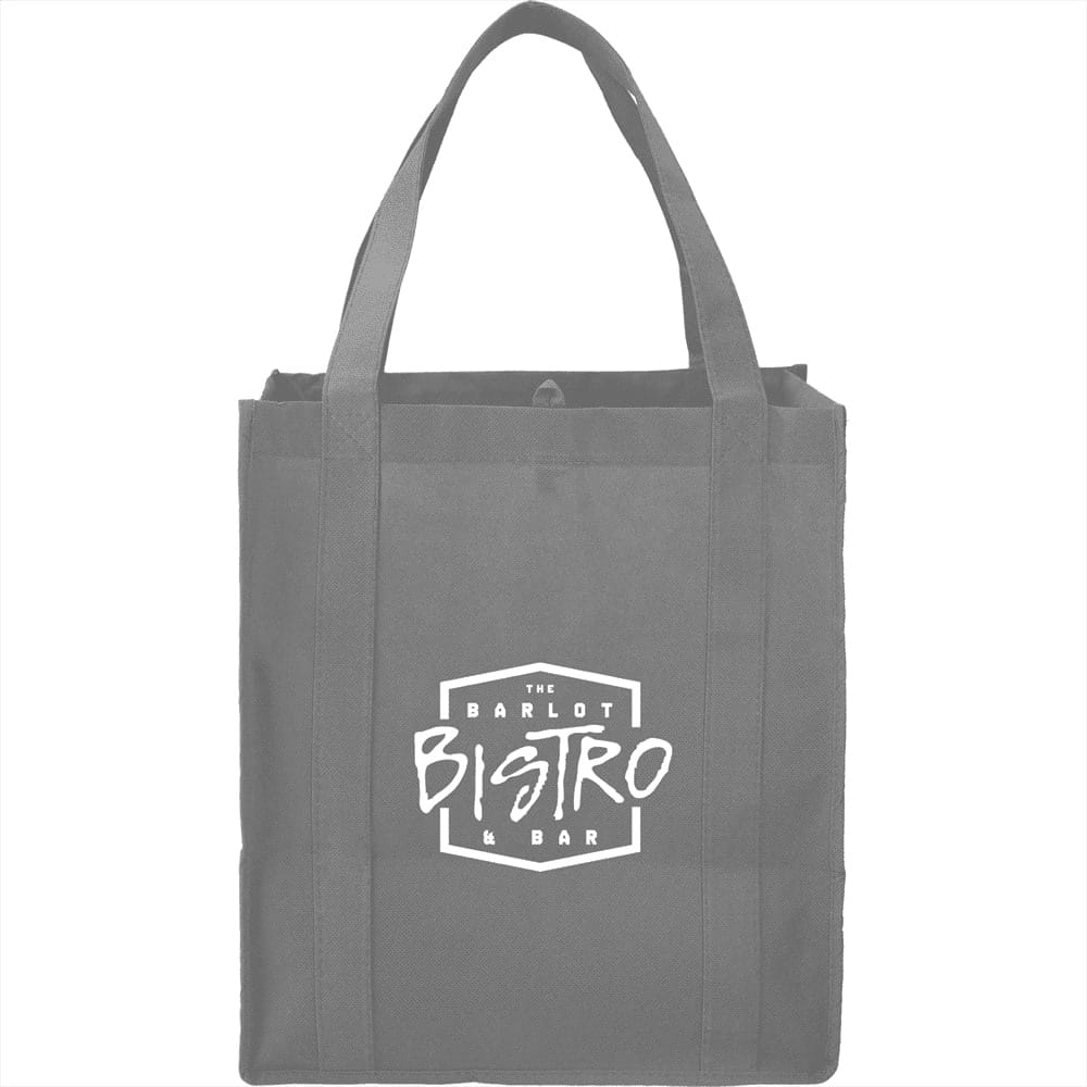 A grey reusable grocery tote bag with sturdy handles and a logo on the front.