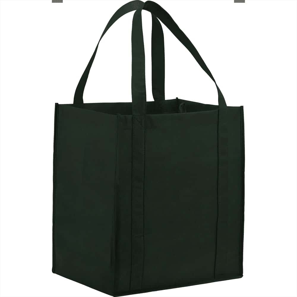 A dark green non-woven grocery tote bag with two carry handles, featuring a square shape and no visible text or logos.