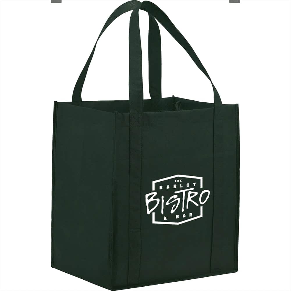 A green non-woven grocery tote bag with sturdy straps and a logo on one side.