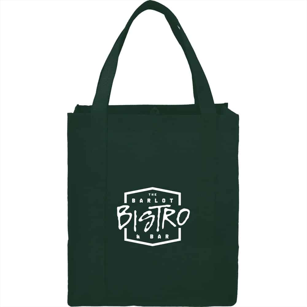 A green non-woven grocery tote bag with sturdy handles and a logo on the front.