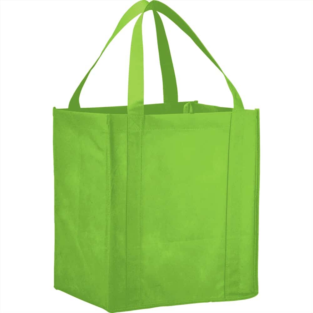 A bright green non-woven grocery tote with sturdy handles, featuring a simple design and an empty interior.