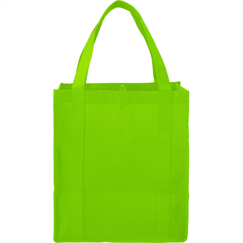 A bright green reusable grocery tote bag with sturdy handles and a simple design. It has a logo on its surface.