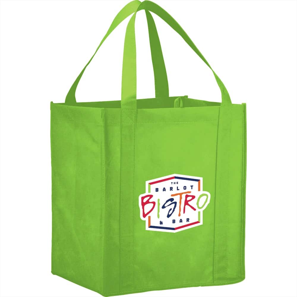 A bright green reusable grocery tote bag with two handles and a logo on one side.