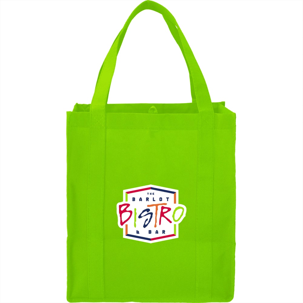 A bright green reusable grocery tote bag featuring dual handles and a logo on the front.