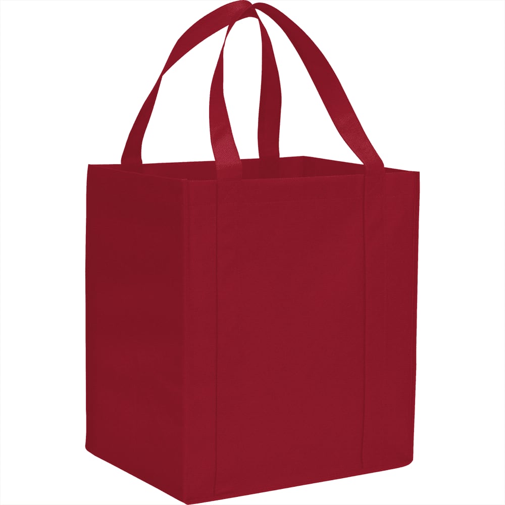 A red non-woven grocery tote bag with long handles and a square shape, featuring a logo.