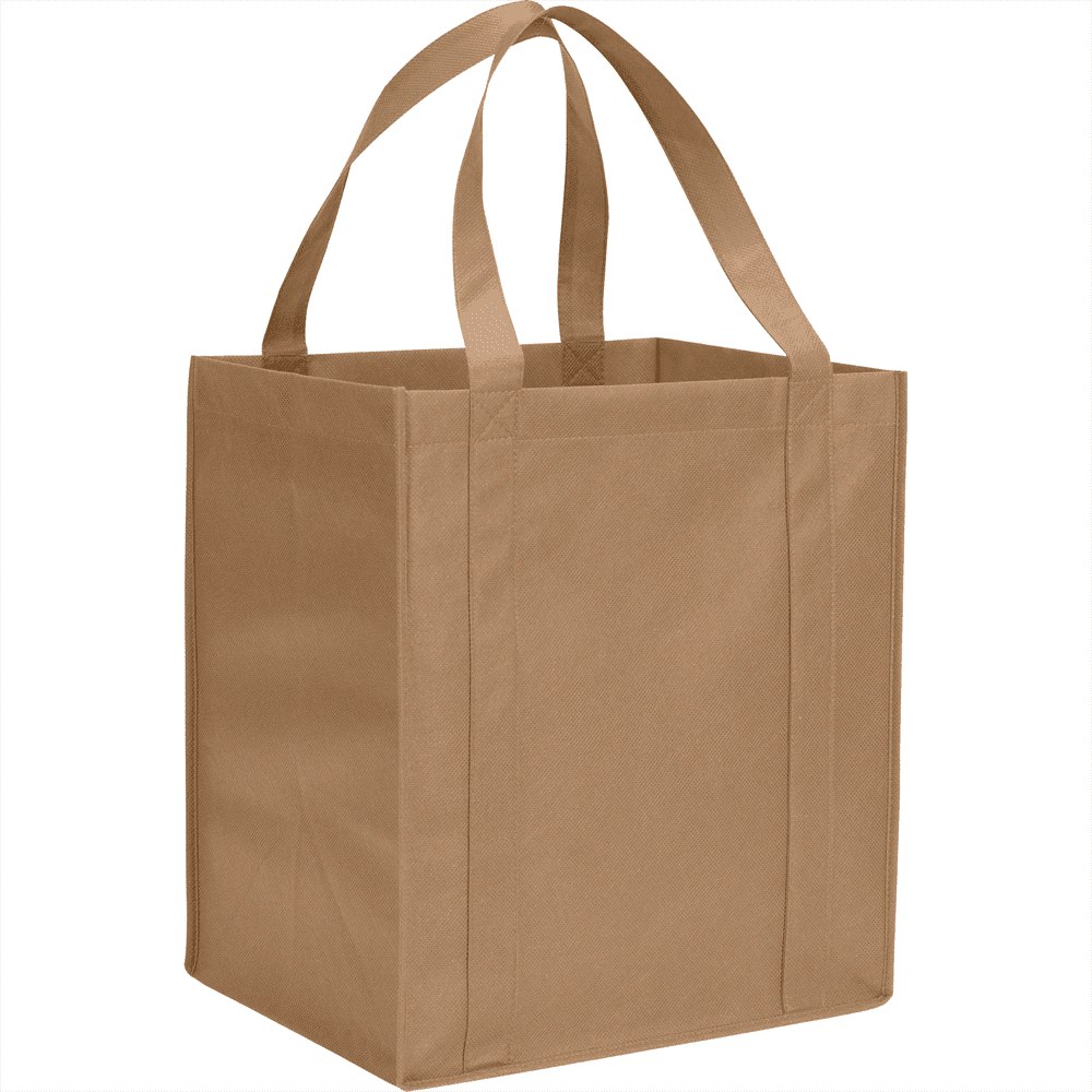 A tan non-woven grocery tote bag with two sturdy handles and a square shape, featuring branding on the side.