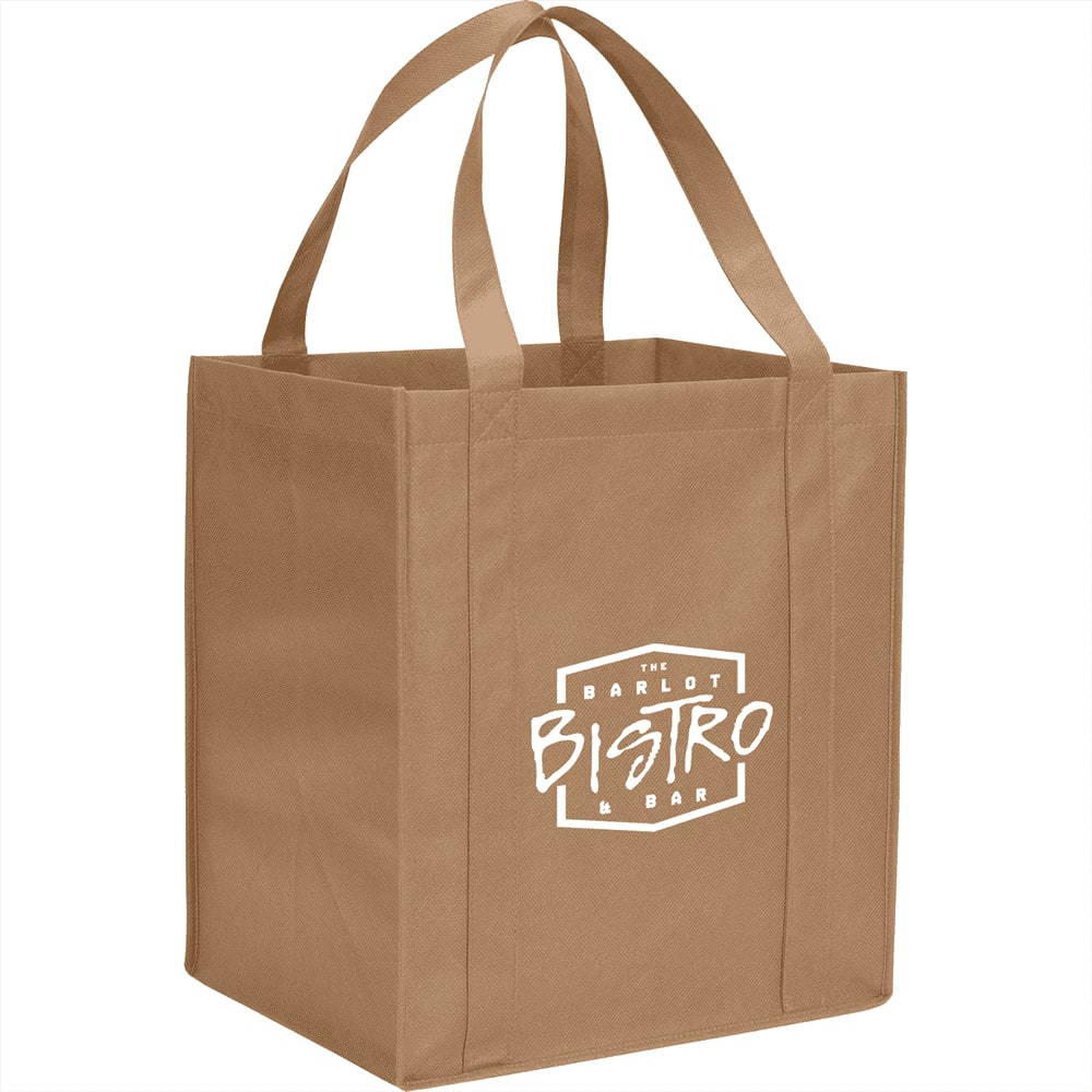 A brown reusable grocery tote bag with two handles and a logo on one side.