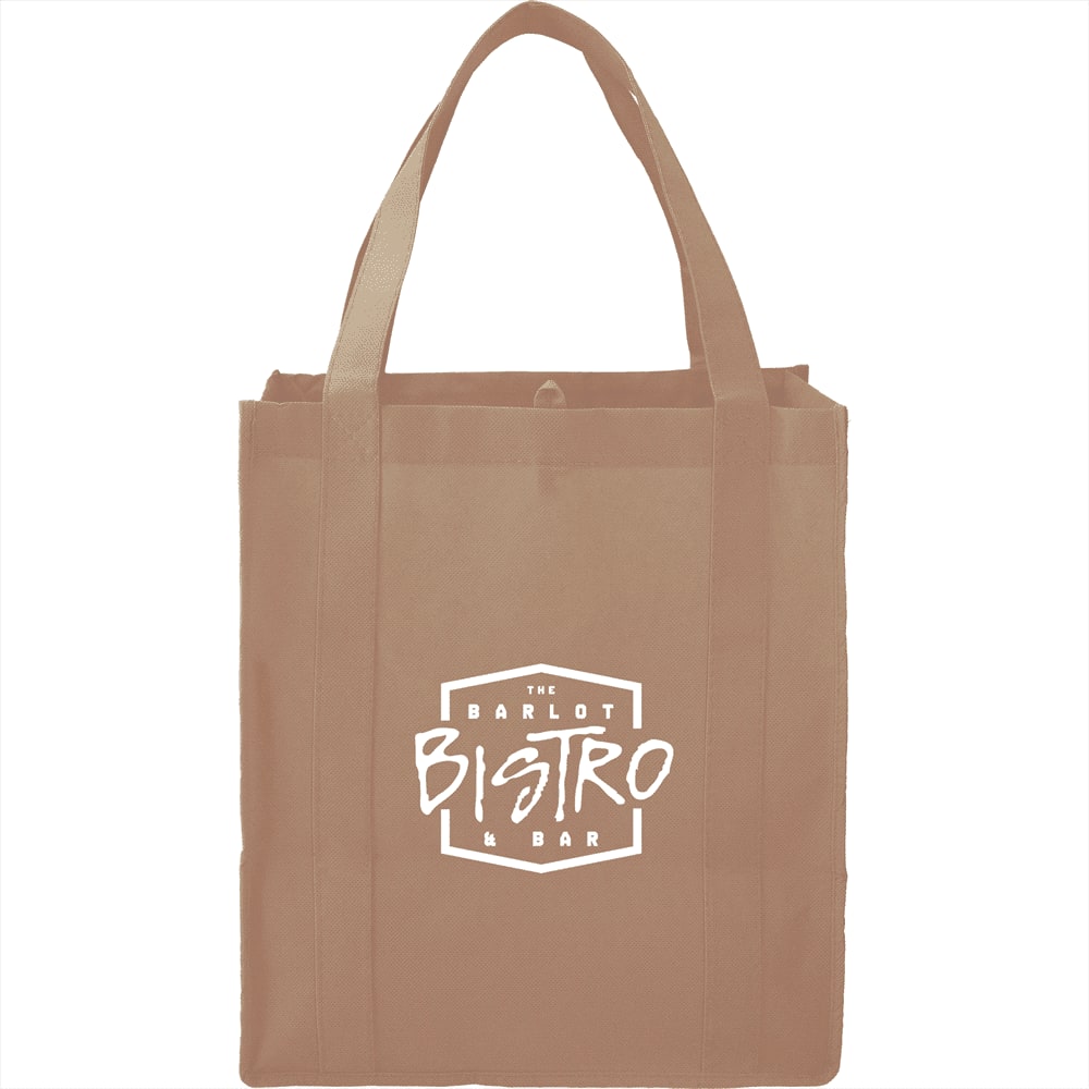 A reusable grocery tote in a tan colour with sturdy handles and a logo on the front.