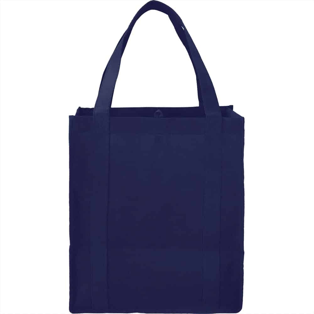A navy reusable grocery tote bag with two handles and a simple design, featuring a branding logo.