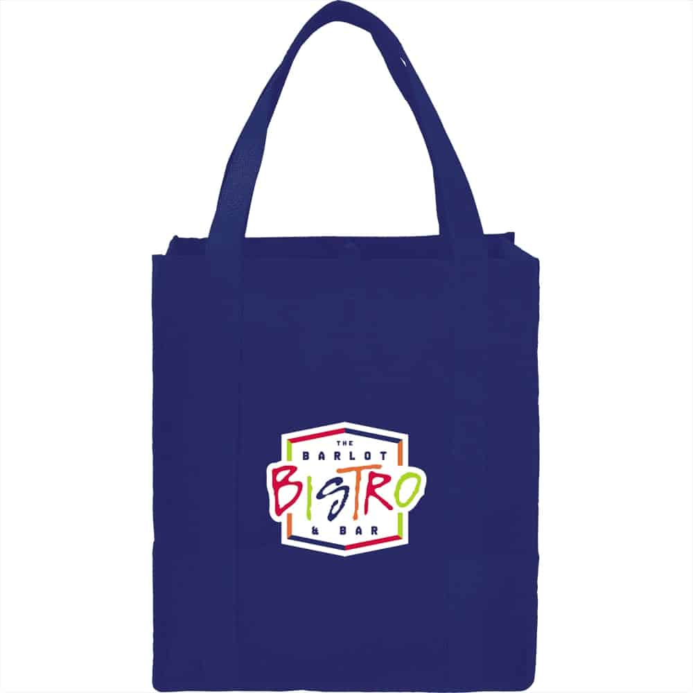 A navy blue reusable grocery tote bag with a logo printed on the front. The bag has two sturdy handles.