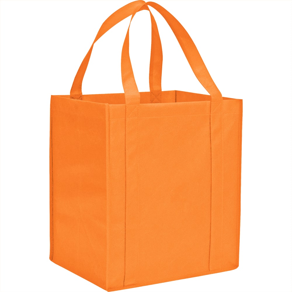 An orange non-woven grocery tote bag with sturdy handles and a square base, featuring a logo.