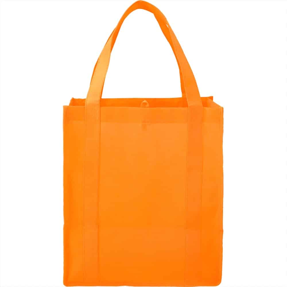 An orange non-woven grocery tote bag with two sturdy handles and a simple design. It has a logo on one side.