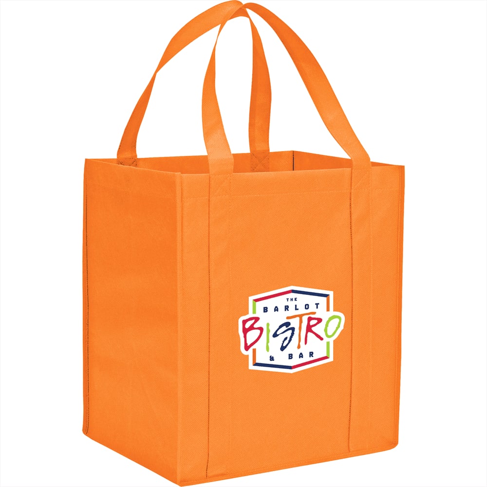 An orange reusable grocery tote with two handles and a logo on one side.