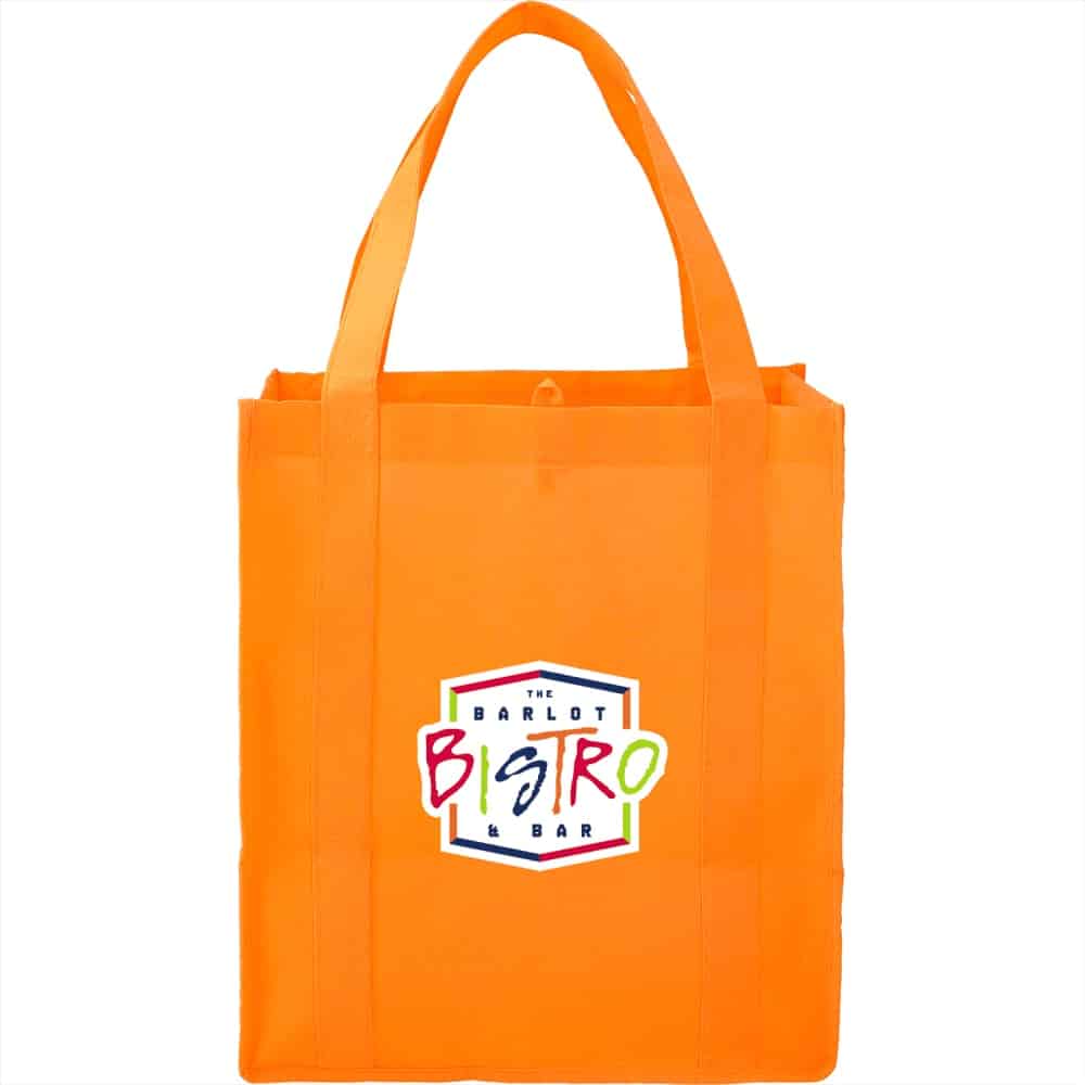 An orange non-woven grocery tote bag featuring a logo on the front.