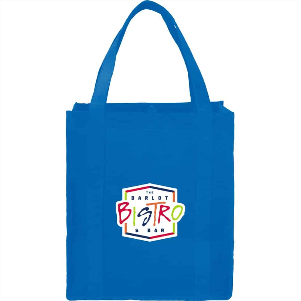 A blue reusable grocery tote bag with sturdy handles and a logo on the front.