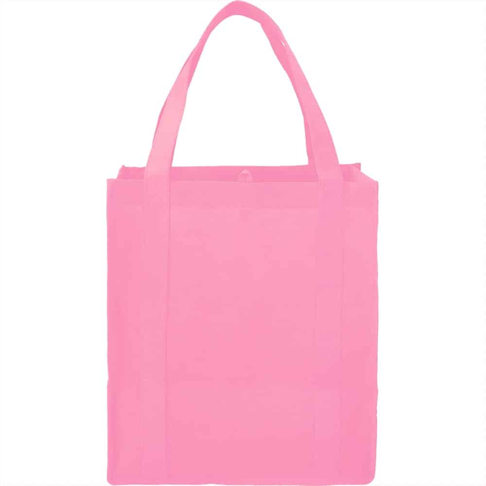 A pink non-woven grocery tote with handles and a spacious interior. Features a logo on the front.