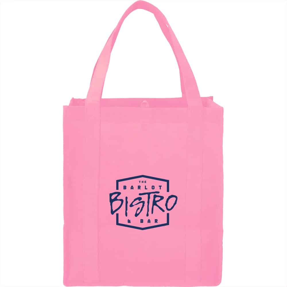 A pink non-woven grocery tote bag featuring a logo on the front. It has two sturdy handles for carrying.