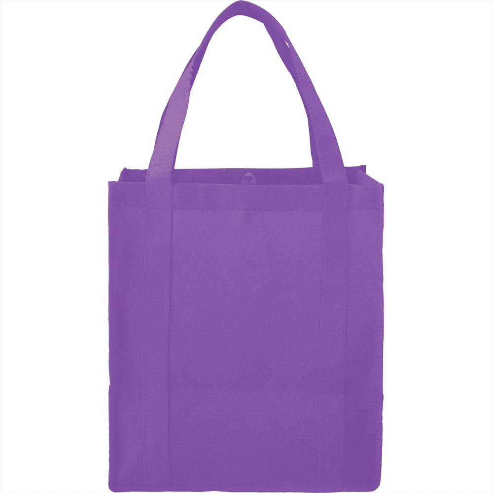 A purple reusable grocery tote bag with two sturdy handles and a logo on one side.