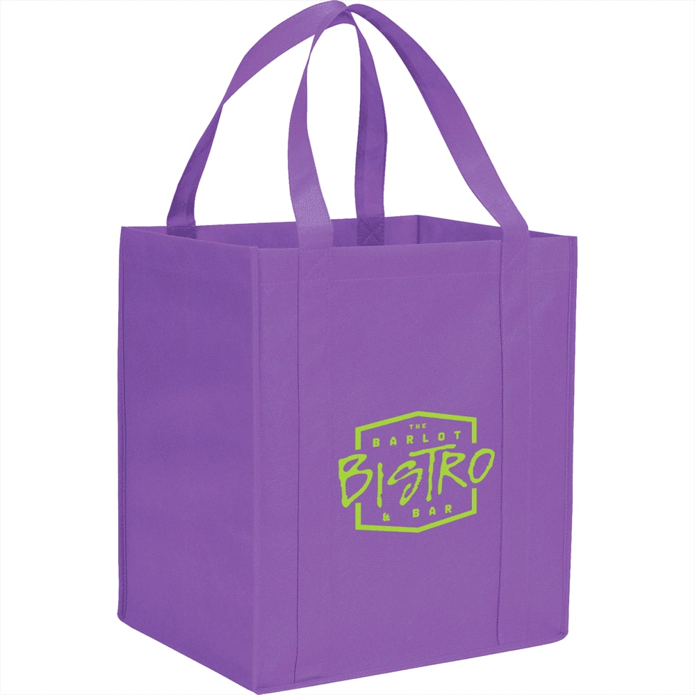 A purple non-woven grocery tote with a logo on the front. It features sturdy handles for carrying.
