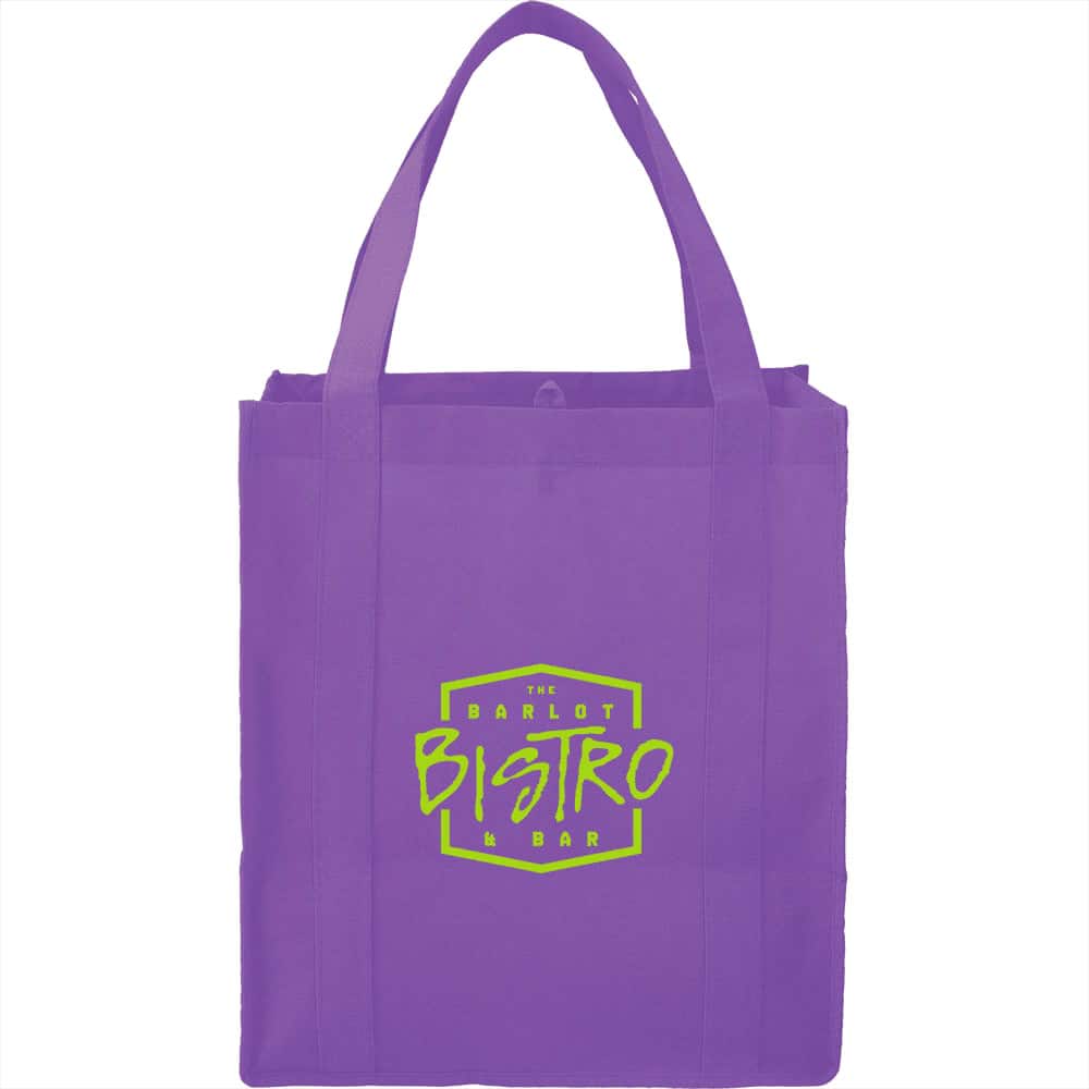 A purple reusable grocery tote with sturdy handles and a logo on the front.