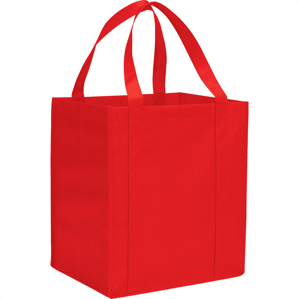A red non-woven grocery tote with two handles and a square shape, featuring a logo on the side.