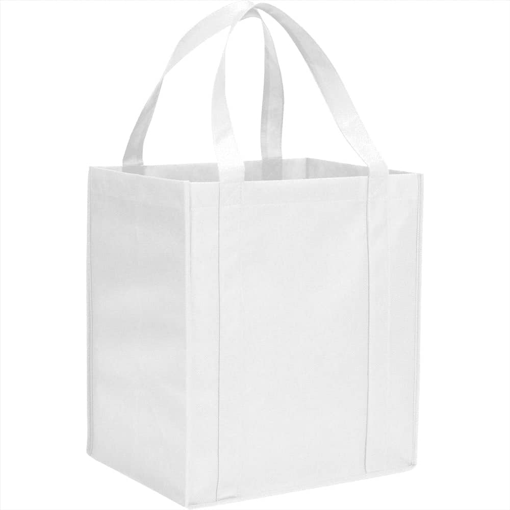 A white non-woven grocery tote with sturdy handles and a rectangular shape, featuring a logo.