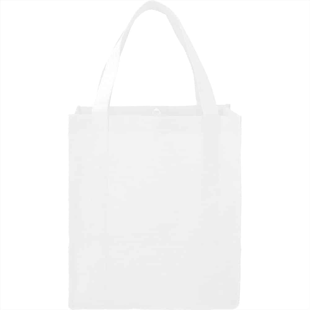 A white non-woven grocery tote bag with sturdy handles and a simple design. It includes a logo.
