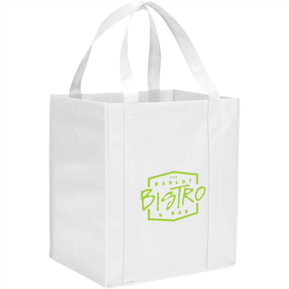 A white reusable grocery tote bag with two handles and a logo. Its square design is spacious and practical.