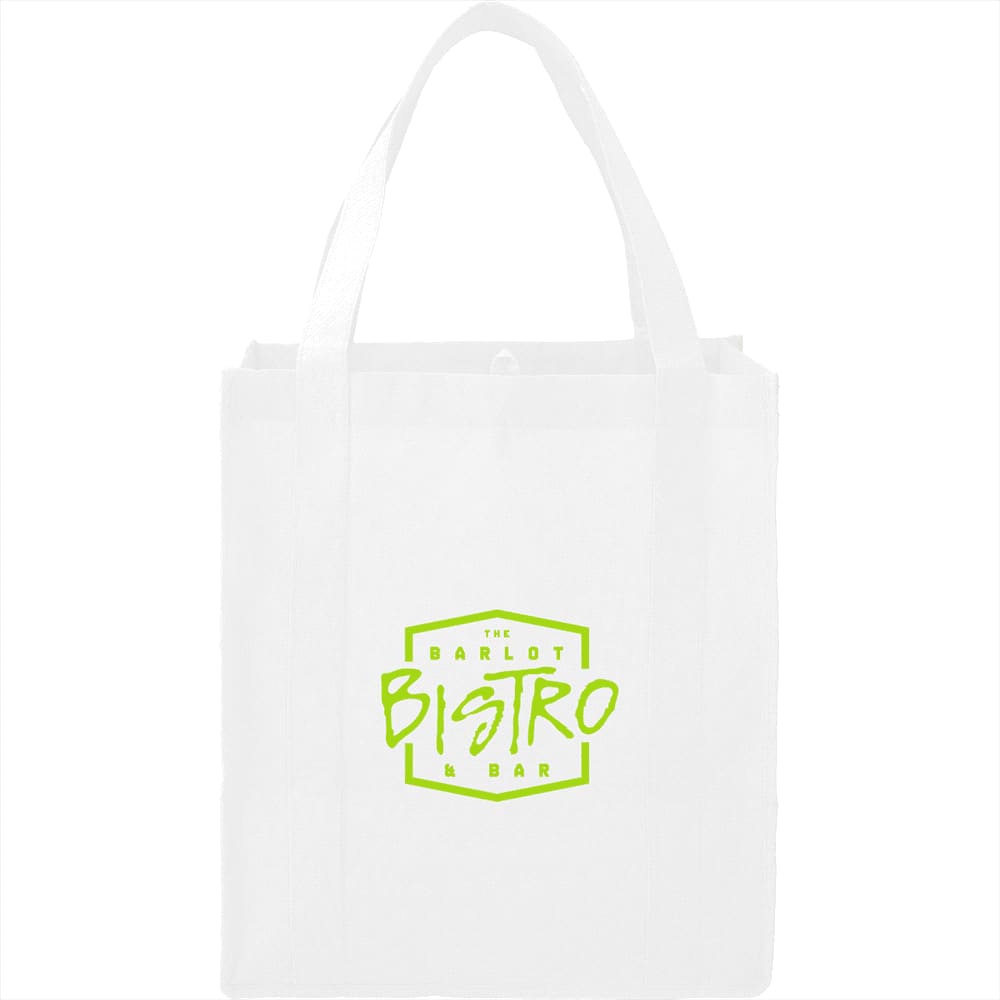 A white reusable grocery tote featuring short handles and a logo in bright green. Suitable for various shopping needs.