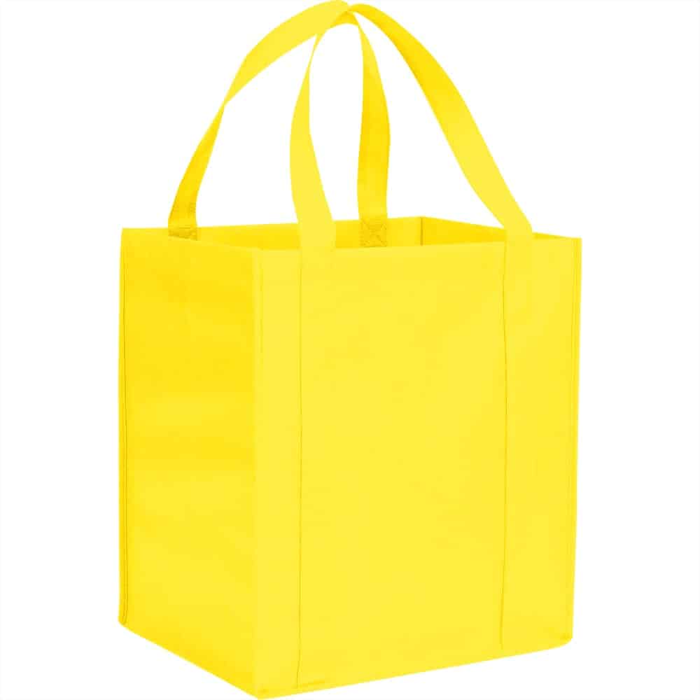 A yellow non-woven grocery tote bag with two sturdy handles and a rectangular shape. It features a logo.