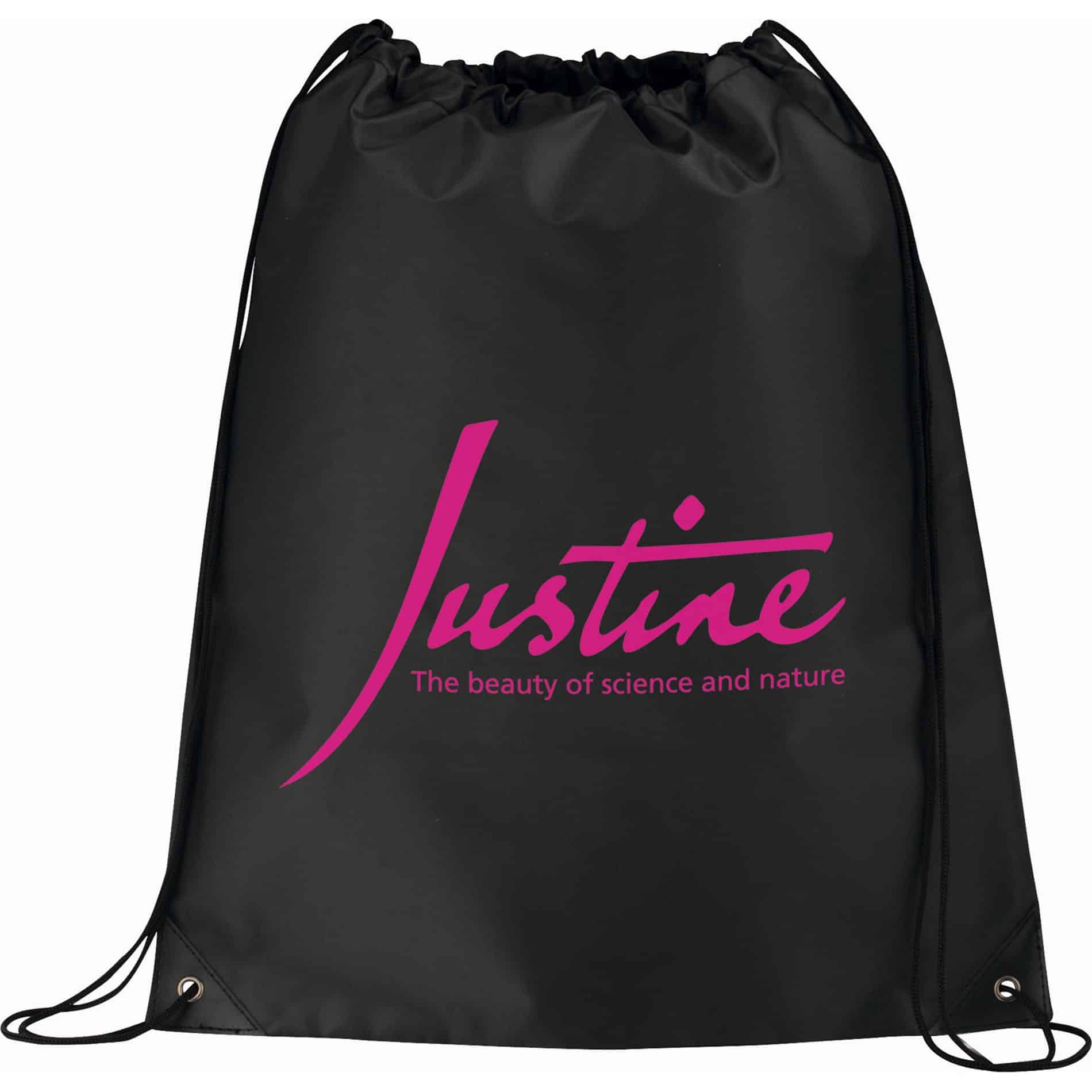 A black drawstring sportspack featuring a pink logo and branding, with adjustable cords for closure.