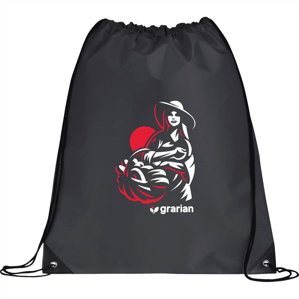 A large grey drawstring sportspack featuring a graphic design and a logo.