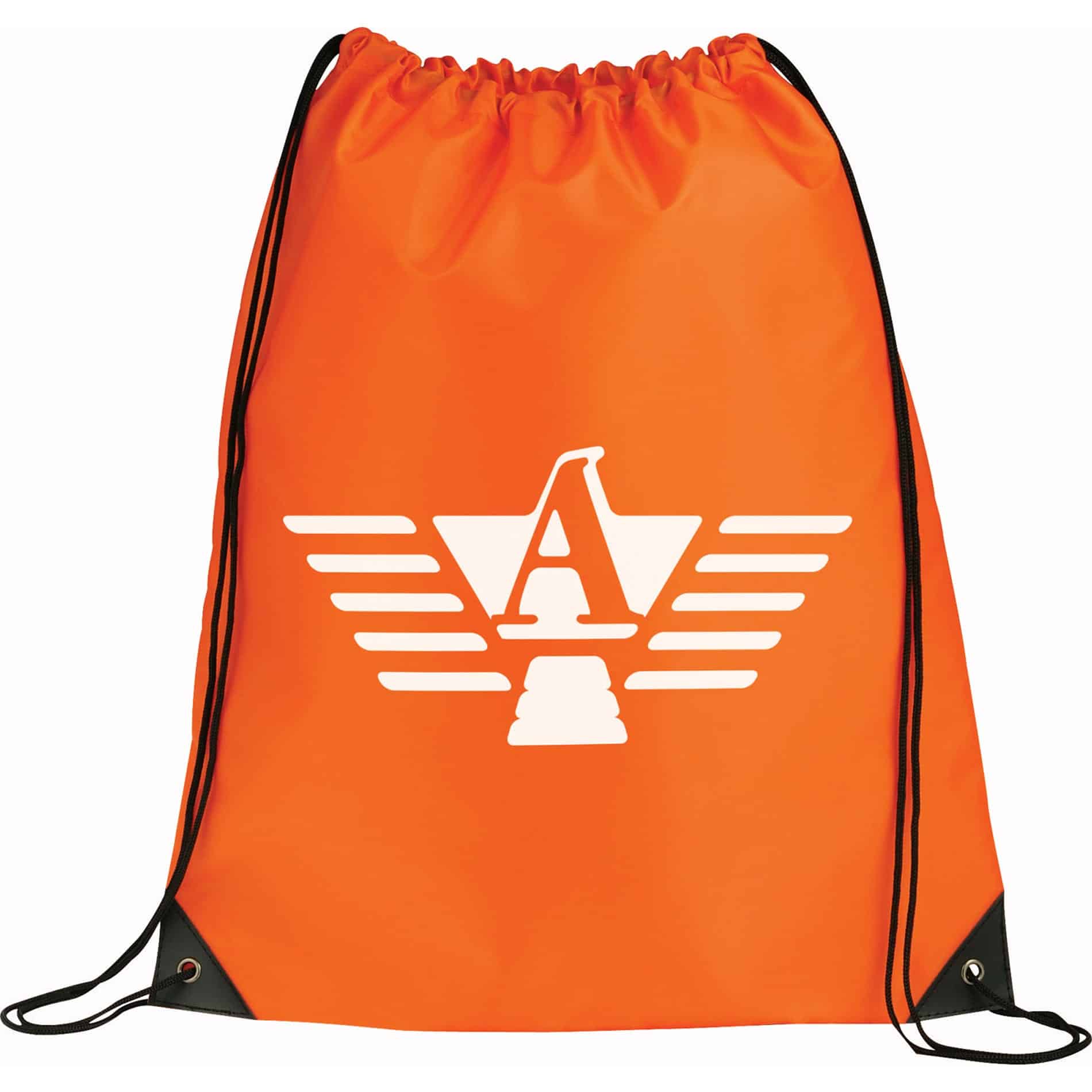 An orange drawstring sportspack with black accents and a white logo. Ideal for carrying items.