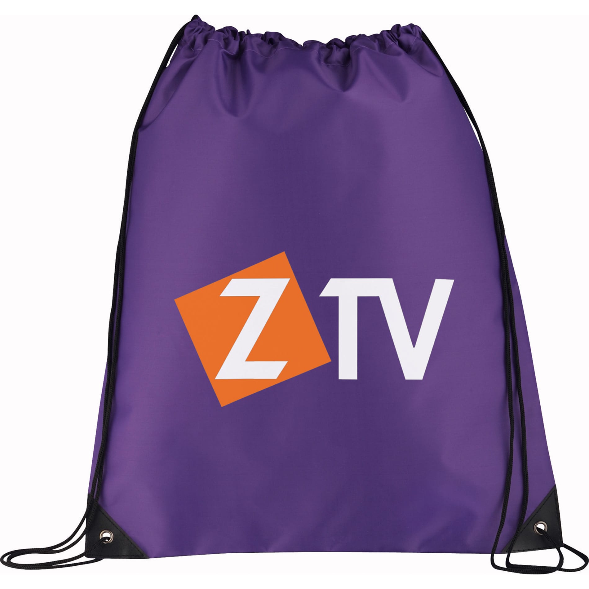 A purple drawstring sportspack with a logo, featuring black cords for closure and strap.