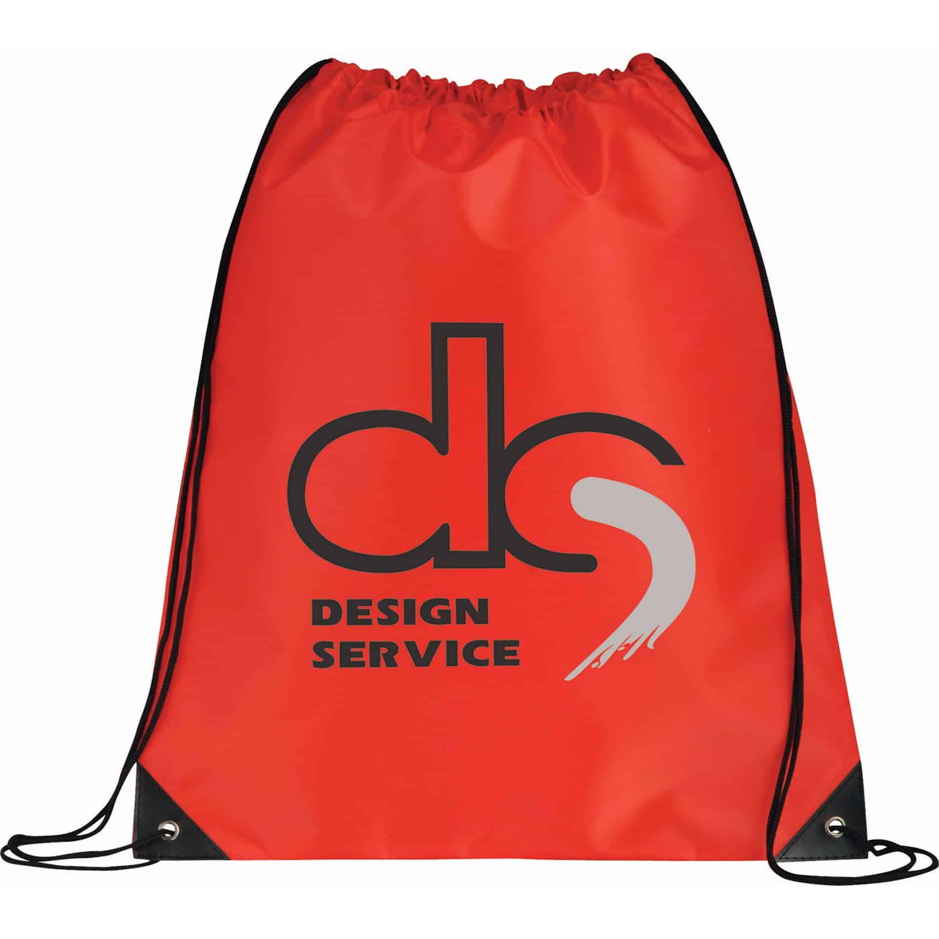 A large red drawstring sportspack with a black logo featuring the letters 