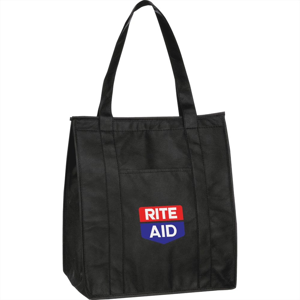A black insulated grocery tote with a large logo on the front and sturdy handles.