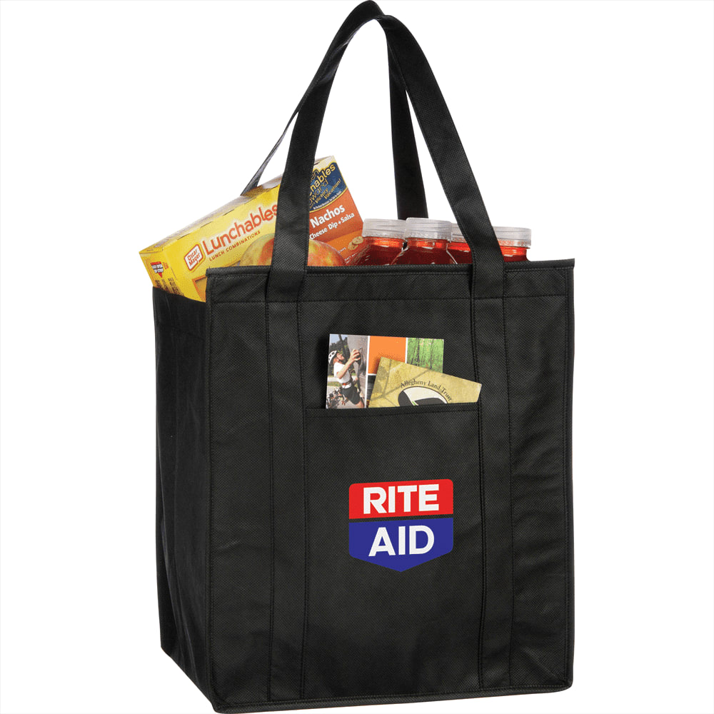 A black insulated grocery tote filled with snacks and drinks, featuring a logo on the front pocket.