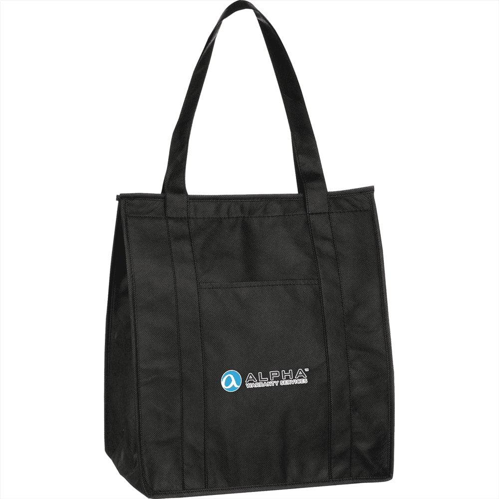 A black insulated grocery tote with shoulder straps and a front pocket, featuring a logo on the front.