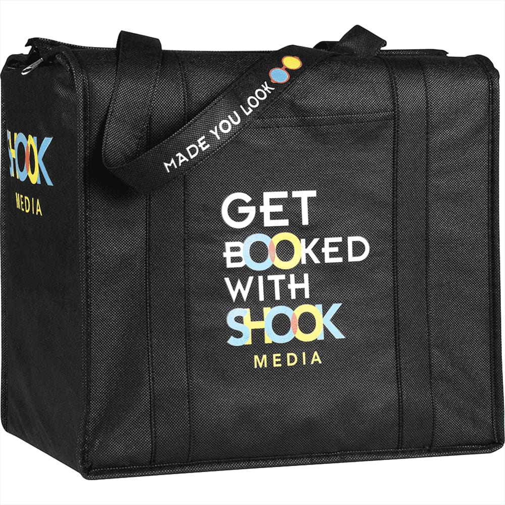 A black insulated grocery tote with a logo and text, featuring sturdy handles and a rectangular shape.