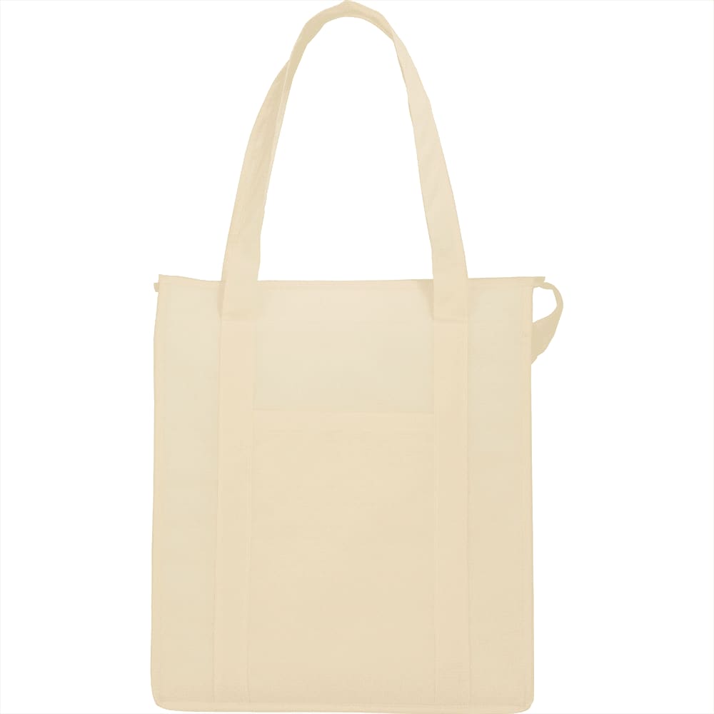 A cream-coloured insulated grocery tote bag with two shoulder straps and a front pocket. Features a logo.