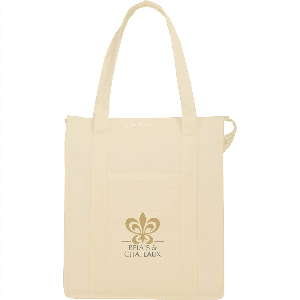 A cream insulated grocery tote with handles and a logo on the front, featuring a spacious main compartment.