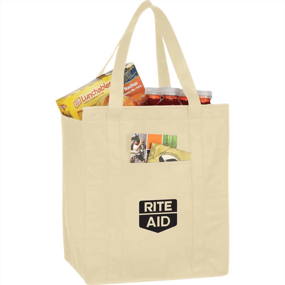 A beige insulated grocery tote filled with snacks and drinks, featuring a logo on the front.