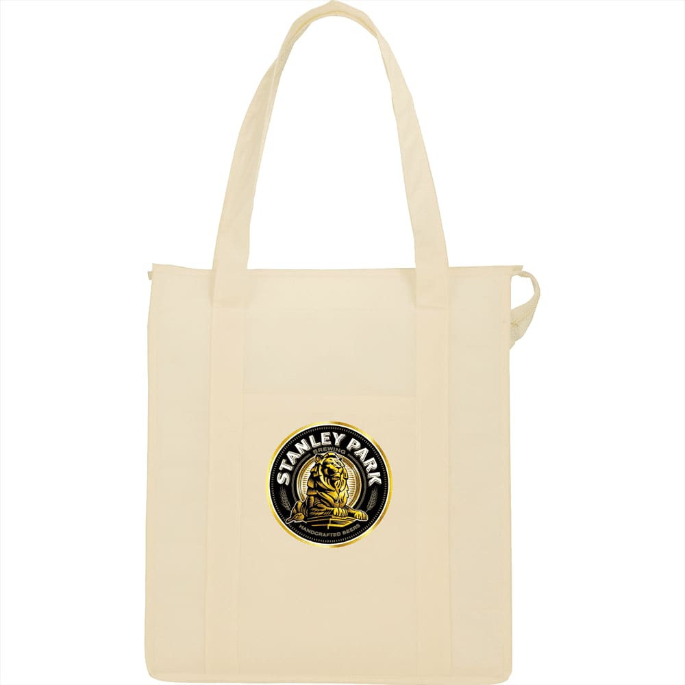 A cream-coloured insulated grocery tote bag with a large logo on the front and long handles.